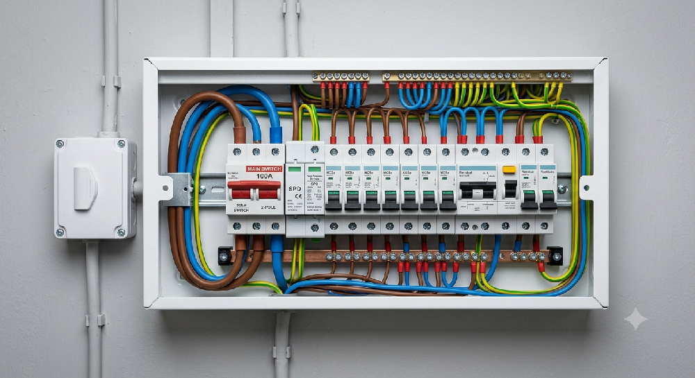 Modern metal consumer unit installed on a wall with compliant wiring